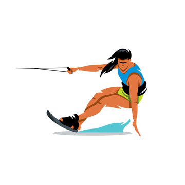 Vector Wakeboarding Girl Cartoon Illustration.