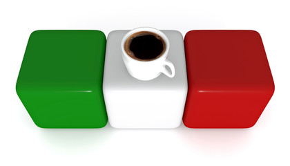 Italian flag, cubes with coffee cup, 3d illustration