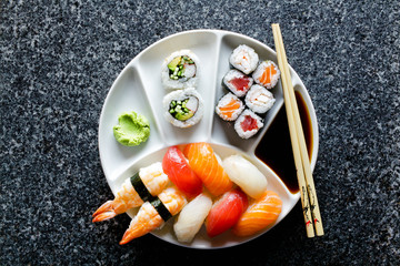 sushi Plate with Sushi Set nigiri and sushi rolls , maki, soy sa © irynagrygorii