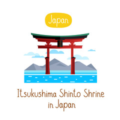 Naklejka premium Itsukushima Shinto Shurine in Japan. Famous world landmarks icon concept. Journey around the world. Tourism and vacation theme. Modern design flat vector illustration.