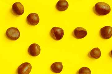 Chestnuts pattern on yellow background top view chestnut