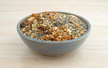 Bowl of chia seeds nuts and fruit breakfast cereal