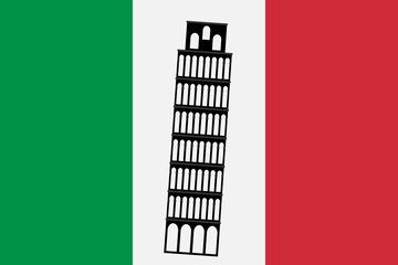 Pisa tower on background of Italy flag. Rome attraction Pisa tower symbol. Vector illustration.