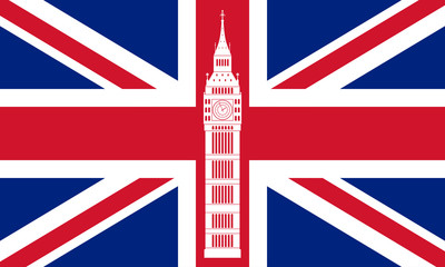 Obraz na płótnie Canvas Big ben on background of Great Britain flag. British Union Jack flag and big ben tower. Vector illustration.