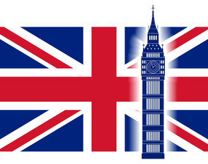 Naklejka na ściany i meble Big ben on background of Great Britain flag. British Union Jack flag and big ben tower. Vector illustration.