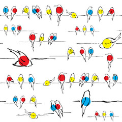 Birds on wire seamless pattern vector, various birds silhouettes made with ink pen, singing and chirping birds are marked with different colors. Spring background.