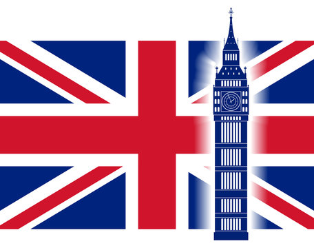 Big ben on background of Great Britain flag. British Union Jack flag and big ben tower. Vector illustration.