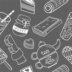 Seamless pattern: food and drink. Pencil drawing. Background