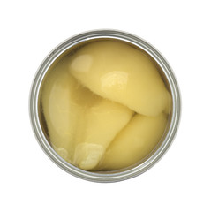 Top view of an opened can of pears halves isolated on a white background