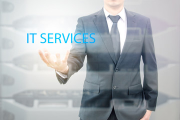 Double exposure of business man with servers technology in data center in IT services business concept