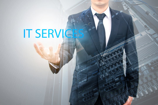 Double exposure of business man with servers technology in data center in IT services business concept