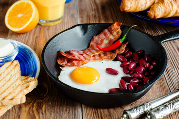 close up english breakfast in rustic style