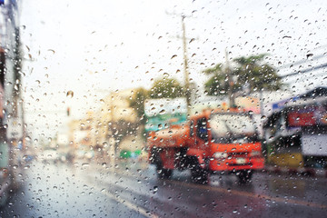Morning traffic ,view through the wind shield of rainy day.Selective focus.