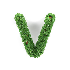 Fototapeta na wymiar Green leaves V ecology letter alphabet font