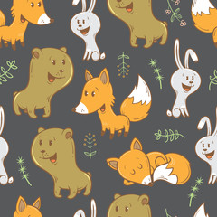 Seamless pattern with cute cartoon bears, foxes, hares and plants. Funny forest animals. Children's illustration. Vector image.