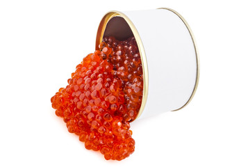 Red caviar spilled from opened tin can isolated on a white background. Gourmet canned food close up...