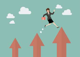 Business woman jumping up to a higher arrow