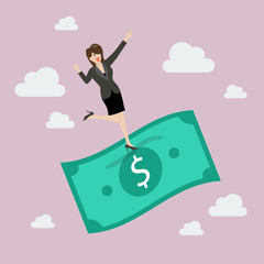 Businessman standing on a flying money