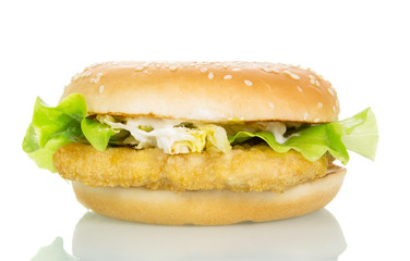 Chicken burger with lettuce and cabbage isolated on white.