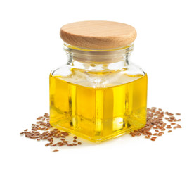 linseed oil in bottle isolated on white
