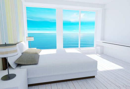 White modern loft bedroom interior with sea view