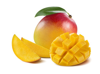 Mango composition cut piece slice isolated on white background