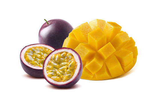 Mango cut maraquia passion fruit isolated on white background