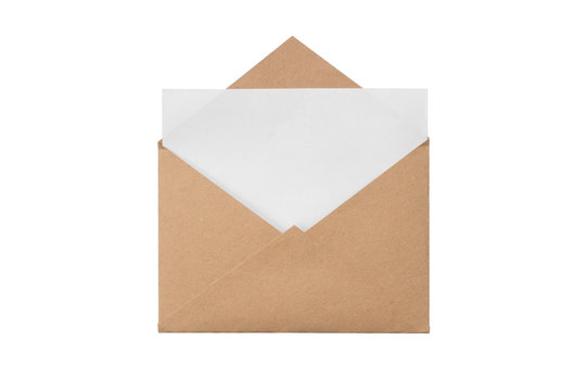 A craft envelope with with a blank sheet, isolated white at the studio