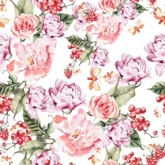 Fototapeten Watercolor pattern with peony flowers, roses and berries. © knopazyzy