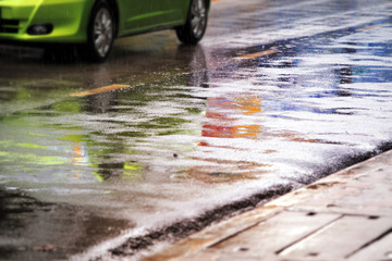 Wet street after hard rain fall.