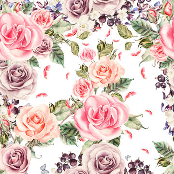 Pattern with watercolor realistic roses and berries.