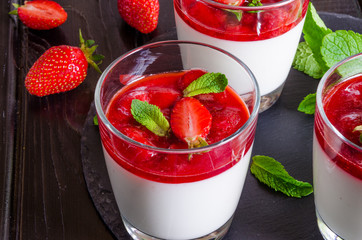Italian dessert pannacotta with strawberry sauce