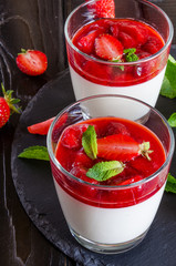 Italian dessert pannacotta with strawberry sauce