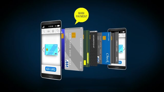Credit card into smartphone, concept of mobile payment, select main mobile credit card.