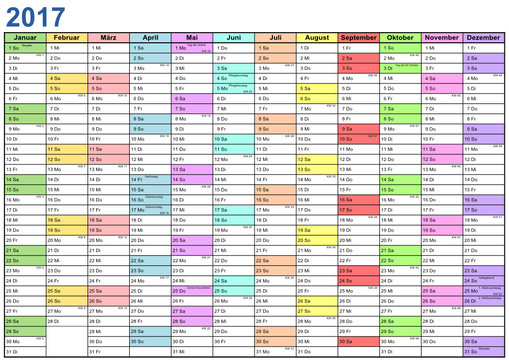 Jahresplaner 2017 mit gesetzlichen Feiertagen und Monate unterschiedlich bunt für Deutschland