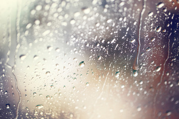 Water drops.View through the windshield of strong rainy day ,Shallow depth of field composition