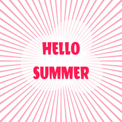 Hello Summer message in cloud and radial rays. In red color. Vector