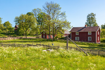 Old Farmhouse with a water well on the flowering meadow