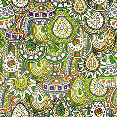 Seamless pattern of hand-drawn and colored abstract, geometric drops,
 zentangl style. 
Vector graphics.
