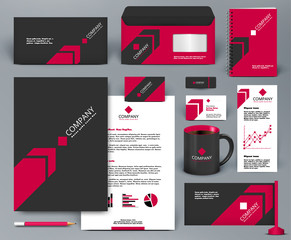 Professional universal branding design kit with red arrow on black background. Corporate identity template.  Business stationery mockup with badge, folder, cup,  pennant, letter.