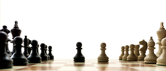 chess game isolated on white panorama background, symbolic concept banner for confrontation strategy competition or kick off