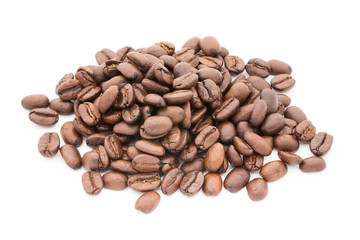 Coffee grains and leaves isolated on the white backgrounds.
