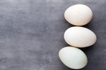 Fototapeta na wymiar Duck eggs on a cage gray background.