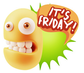 3d Rendering Smile Character Emoticon Expression saying It's Fri