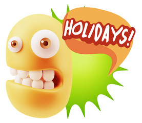 3d Rendering Smile Character Emoticon Expression saying Holidays