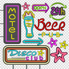 Neon Signboard Disco Club, Beer Pub Design Flat