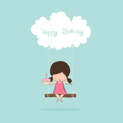 Cartoon girl swinging and girl with birthday cupcake on a cloud,