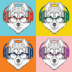 Image Portrait of Husky in headphones with glasses. Pop art style vector illustration.