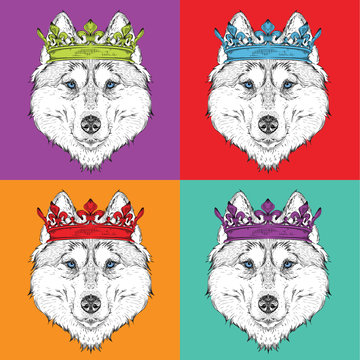 Image Portrait of husky with the crown. Pop art style vector illustration.