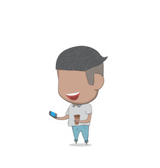Male teens playing with phone happy. Drawing by hand vector